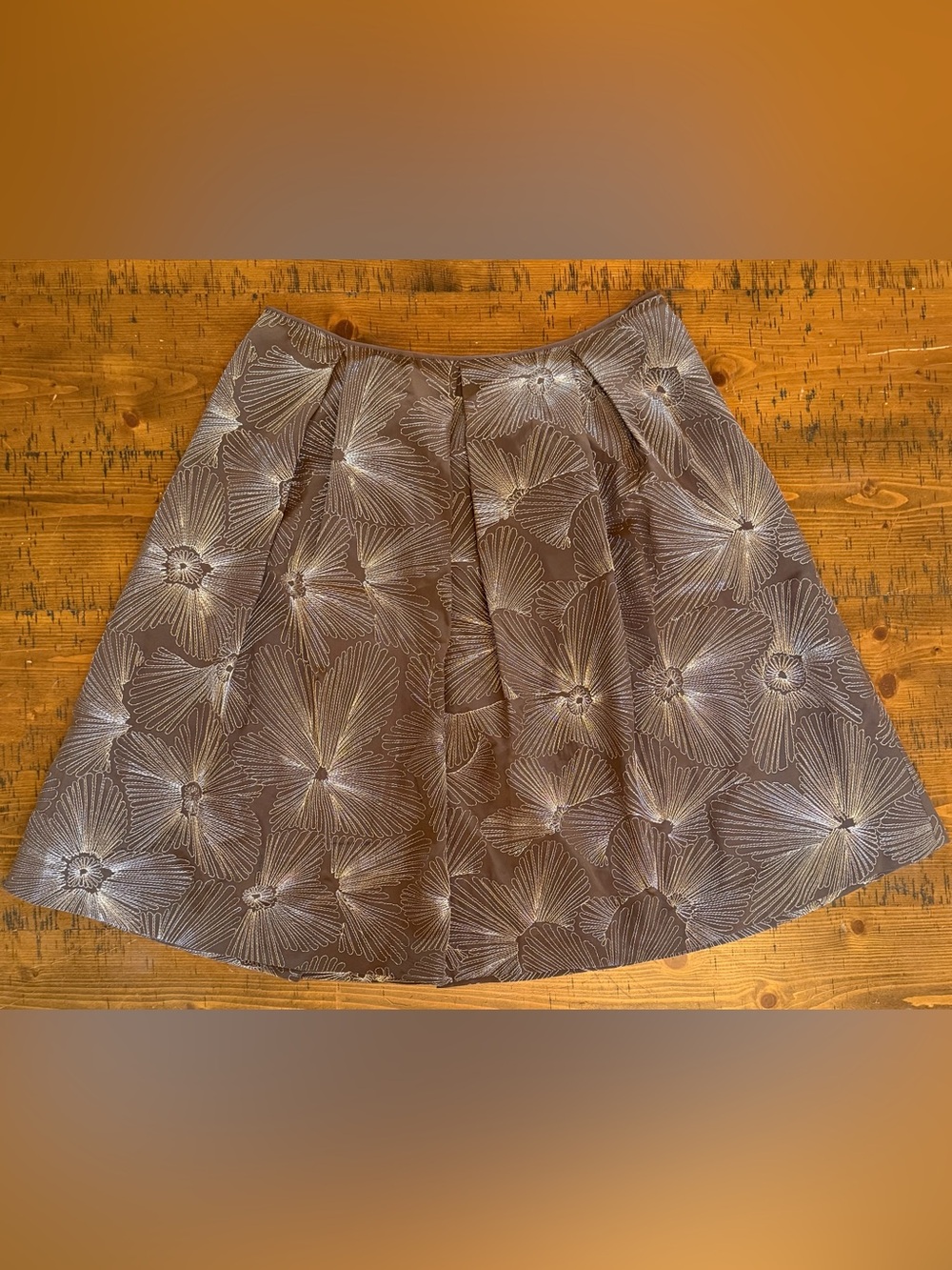 Talbots Brown A-Line Skirt with Silver Floral Embroidery. Size 12. 100% Silk.